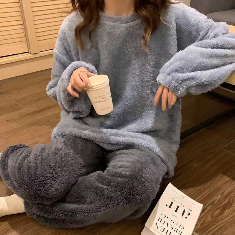 Warm Thickened Velvet Pajamas Fleece-lined Loungewear Women's Suit