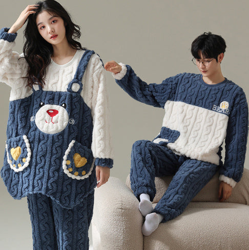 Winter Flannel Pyjamas Female Couple Thermal Cover Cute Student Men's Casual Cartoon Homewear Set Velvet