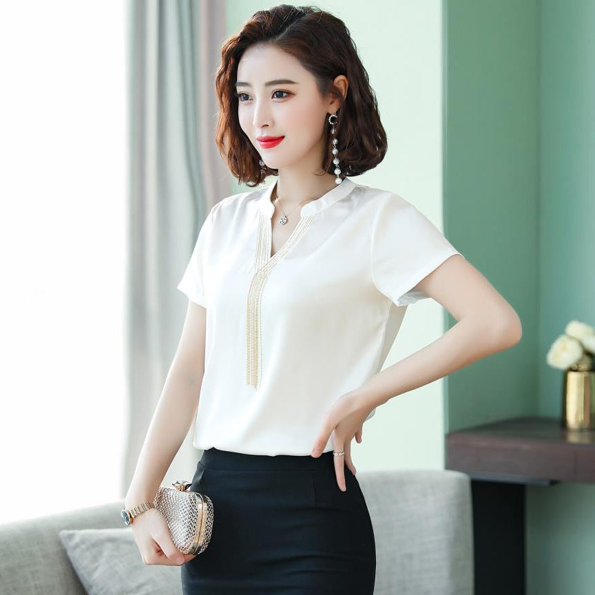 Stretch Satin Shirt Non-Iron V-neck Fringed White Shirt