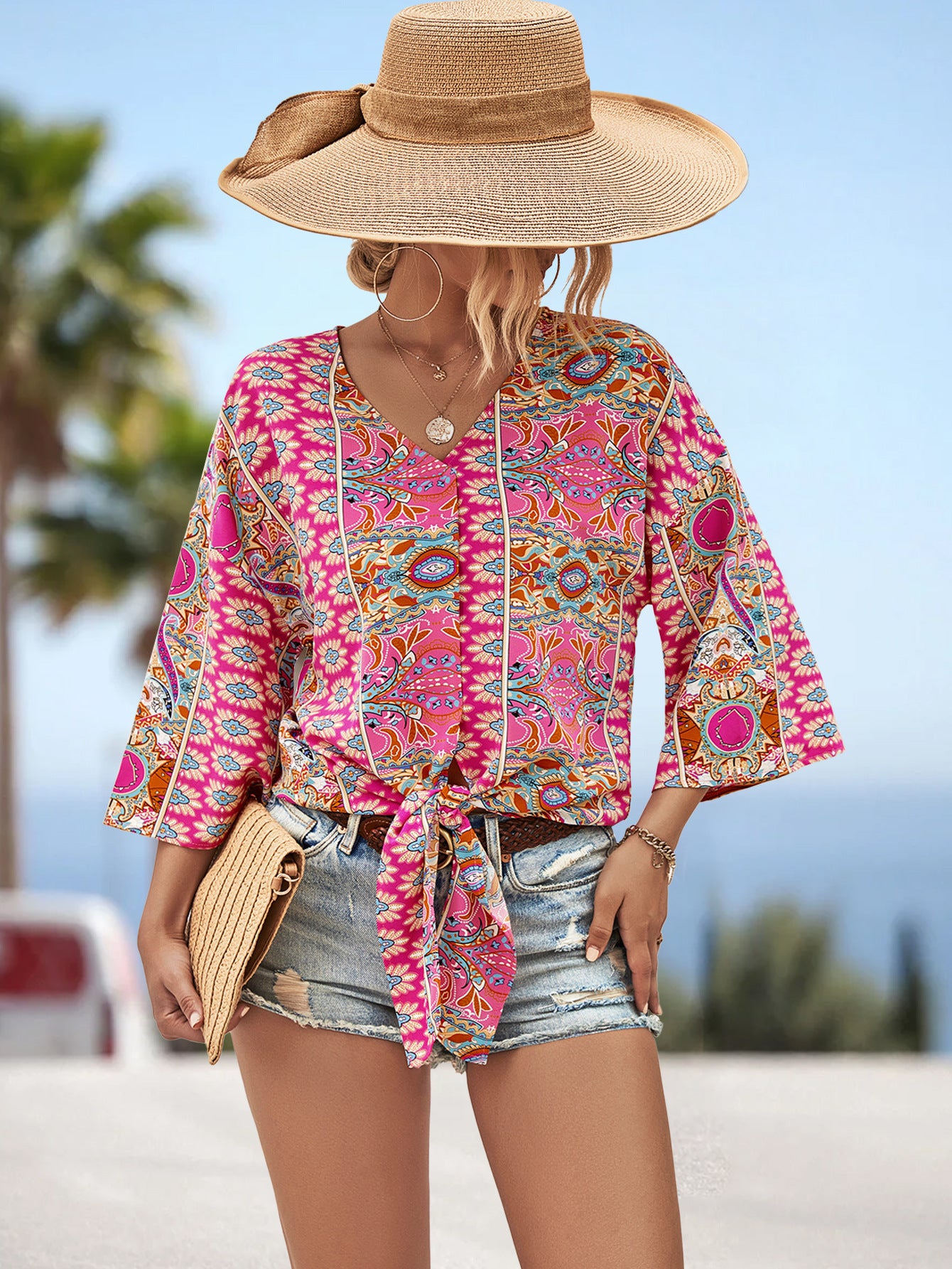 European And American V-neck Lace Up Irregular Top