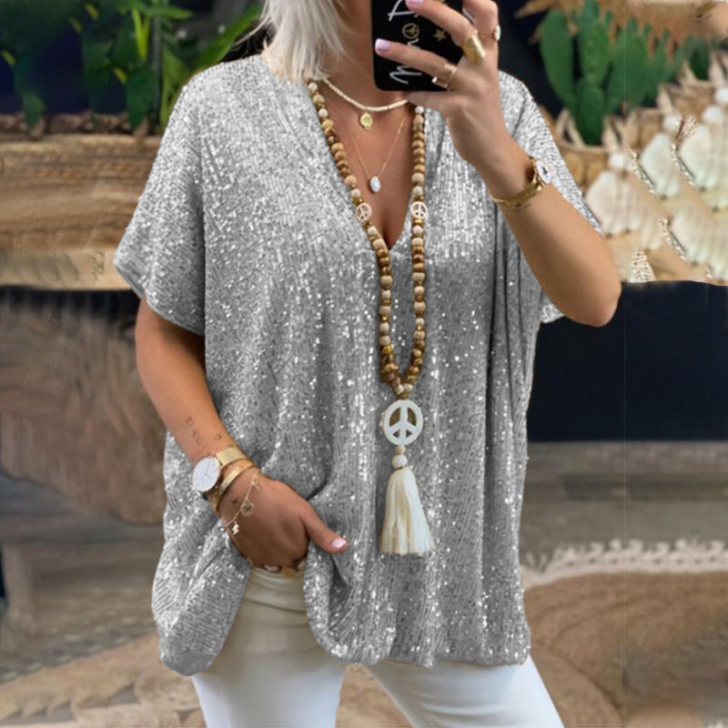 Loose Pullover Sequined V-neck T-shirt Top Women's Clothing