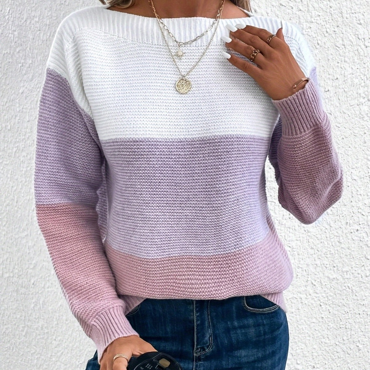 Pullover Knitted Sweater Fashion Round Neck Splicing Knitwear Loose Top Women's Clothing
