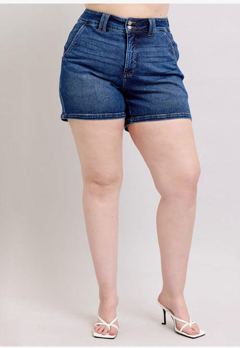 New Summer Women's Fashion High Waist Double Buckle Denim Shorts
