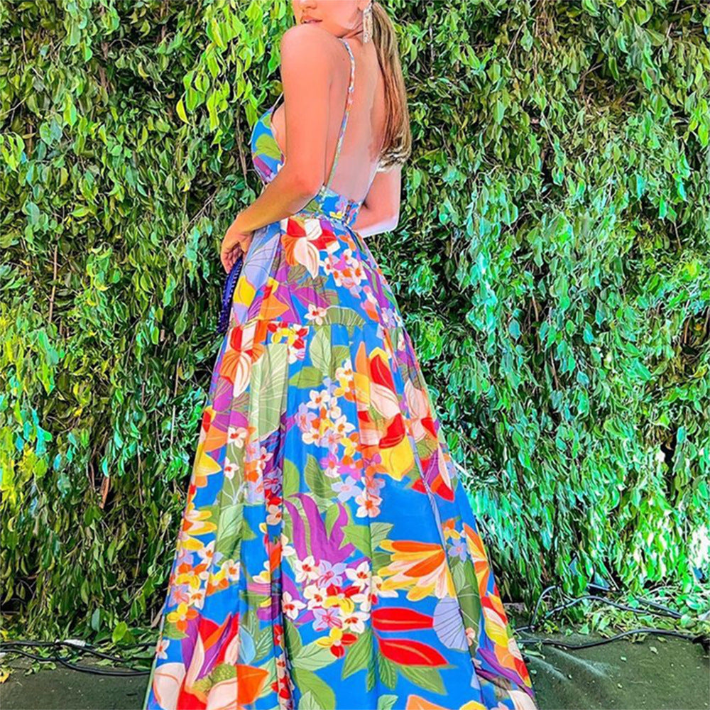 New Printed Multi-color Off-shoulder Sling Dress