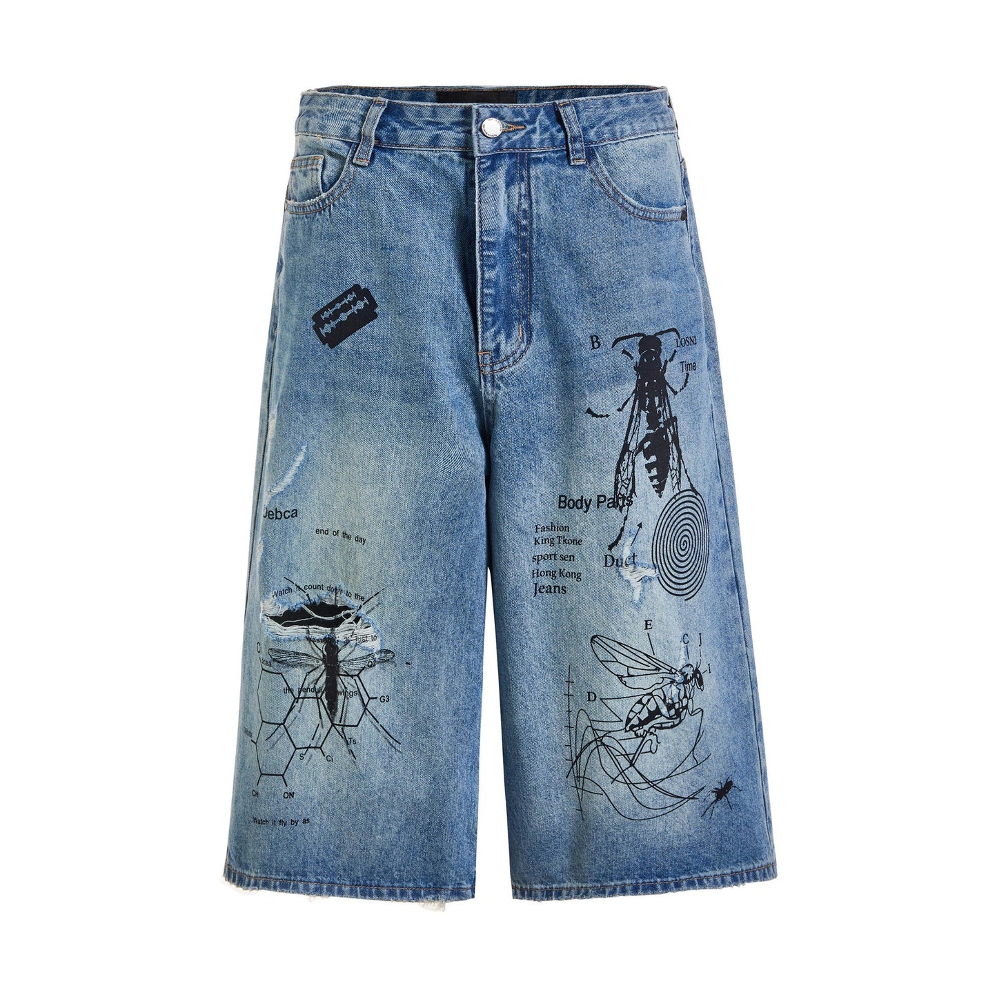 American Style Retro Street Graffiti Printing Destroyed Wormhole Cropped Jeans