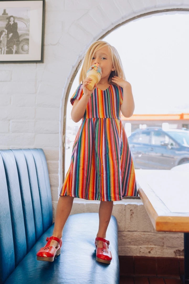 Rainbow Stripes Printed V-neck Parent-child Dress Mother-daughter Matching Outfit Children's Clothing
