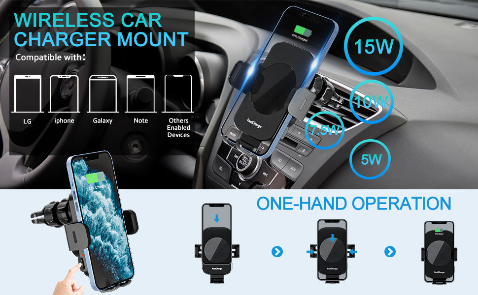 Wireless Car Charger, Fast Charging 15W Auto Clamping Car Charger Phone Holder Phone Mount