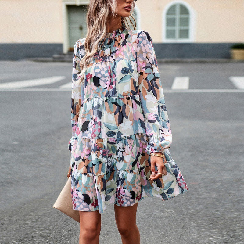 Puff Sleeve Elegant Long Sleeve Printed Dress