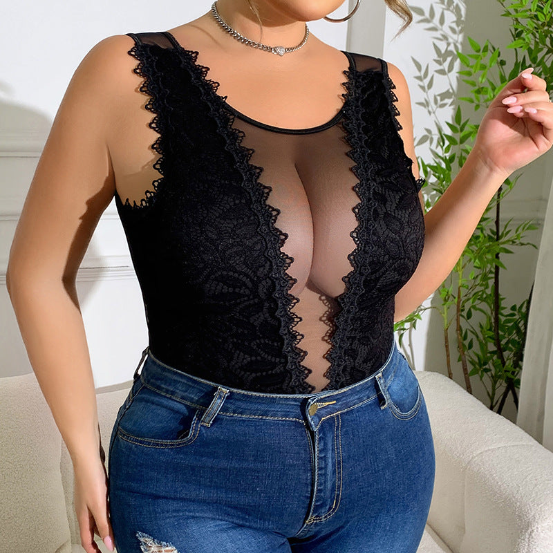 Black Hot Girl Rhombus Lace Slim Fit Patchwork European And American Style Lace Sexy Siamese Top