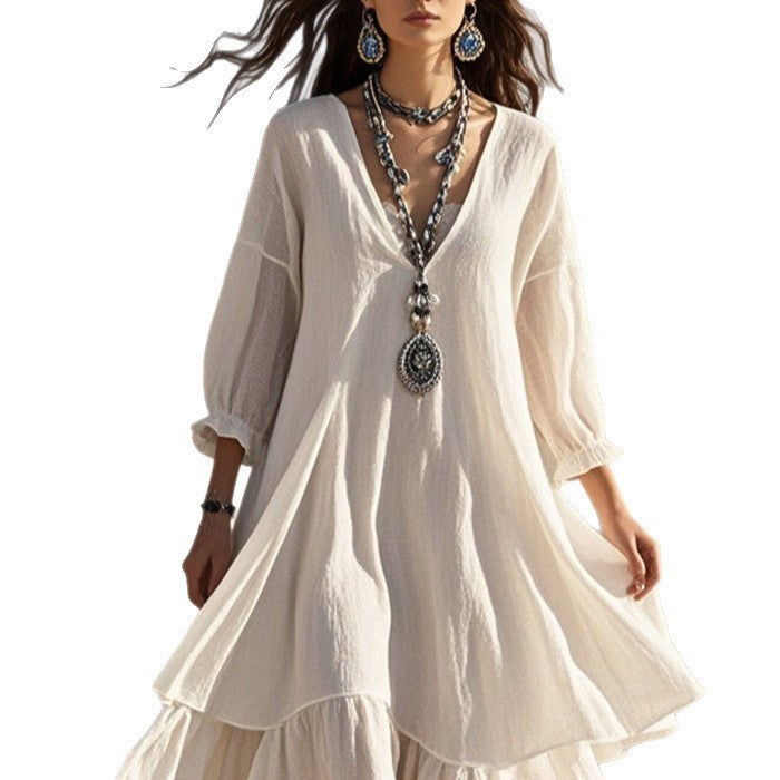 Cotton And Linen Solid Color Long Sleeve V-neck Dress