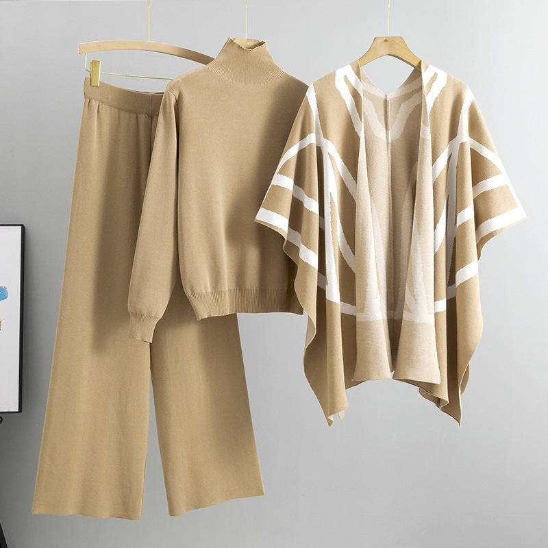 New Elegant Knitted Sweater Shawl Wide Leg Pants Three-piece Set