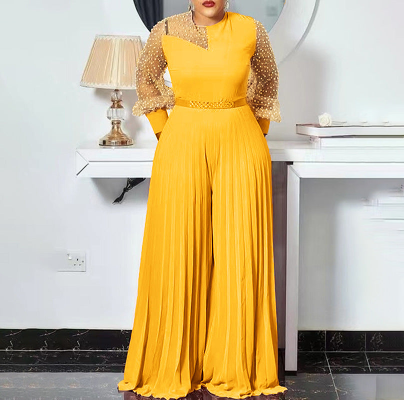 Fitted Waist Pleated One-piece Wide-leg Pants