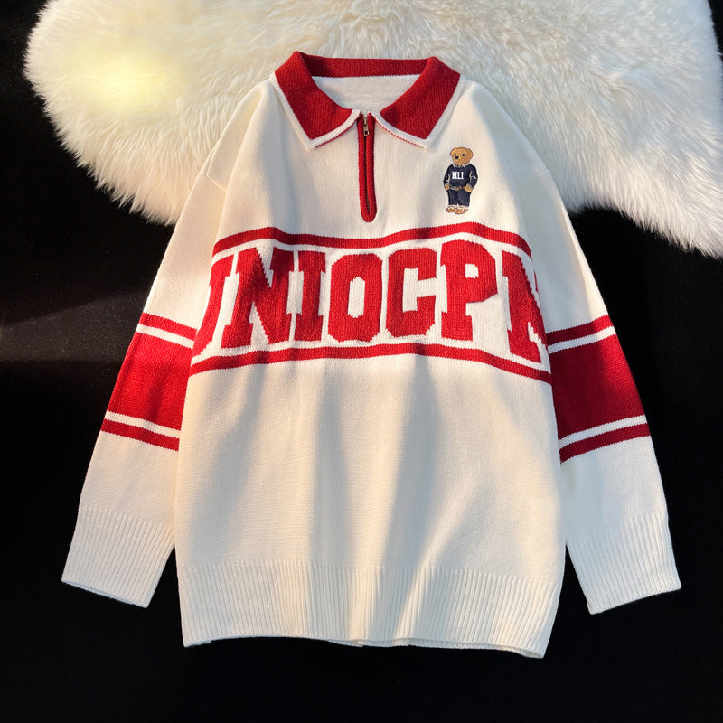 Loose Student Half Zip Lapel Top