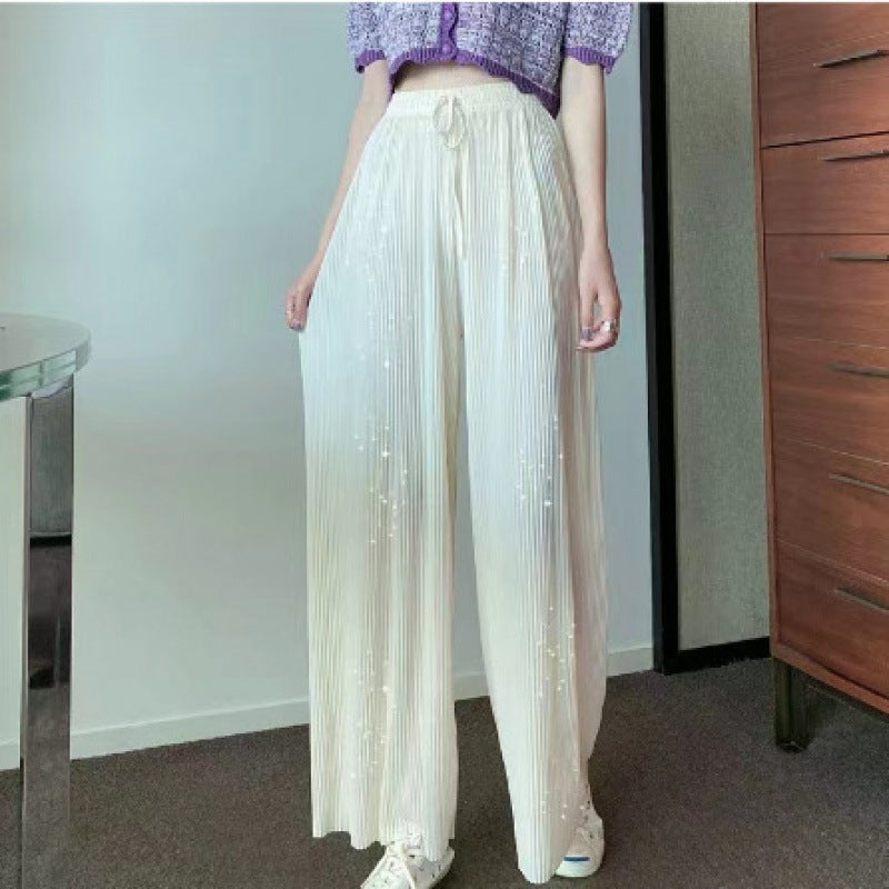 Loose Straight Pleated Ice Silk Leggings Draped Pants Thin High Waist