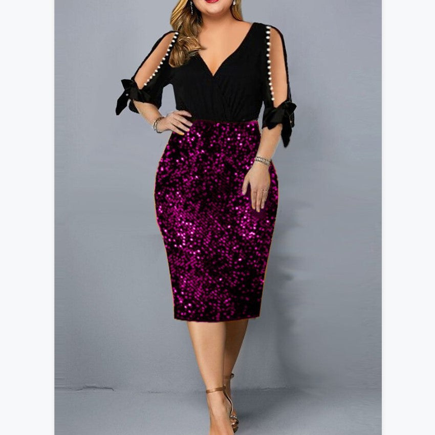 New V-neck Personality Sequins Plus Size Women's Dress