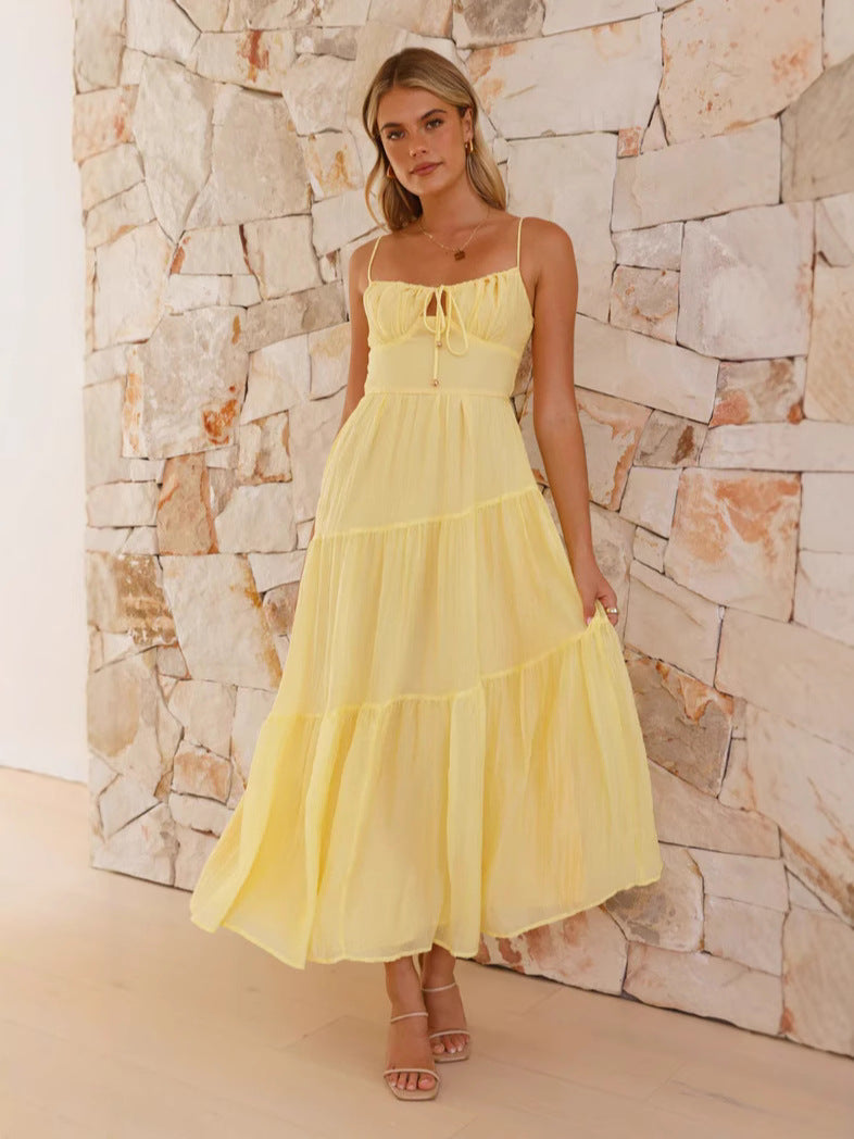 Women's Sleeveless Splicing Sling Long Tie Large Swing Dress