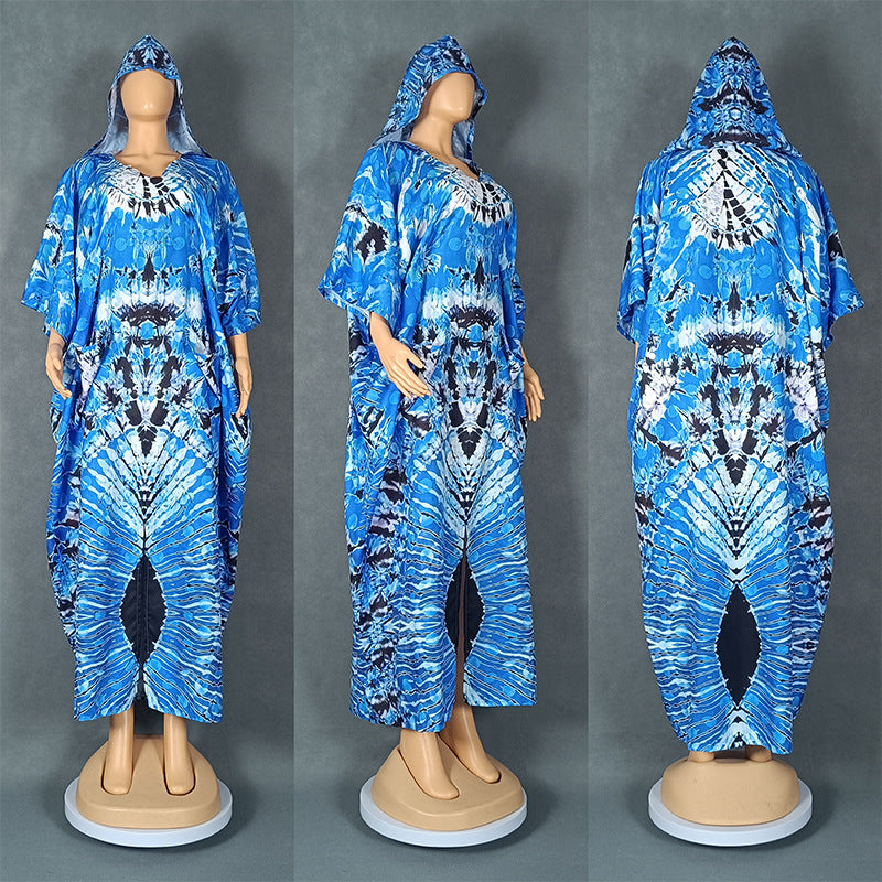Retro Gown Printed Large Swing Hooded Dress