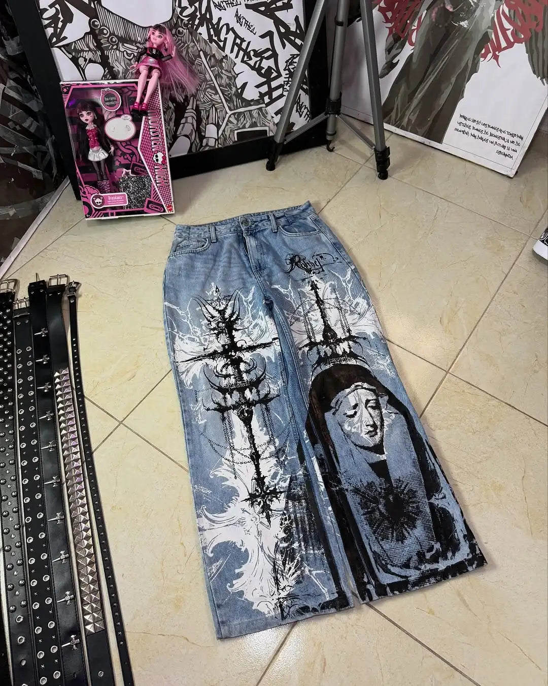 Harajuku Y2K Streetwear Trousers Women Vintage Retro Rock Baggy Jeans Gothic Punk Cross Print Straight Pants High Waisted Jeans