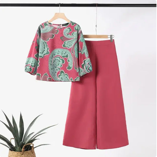 Summer Floral Print Top Wide Leg Pants Sportswear Fashion Loose Match Suit