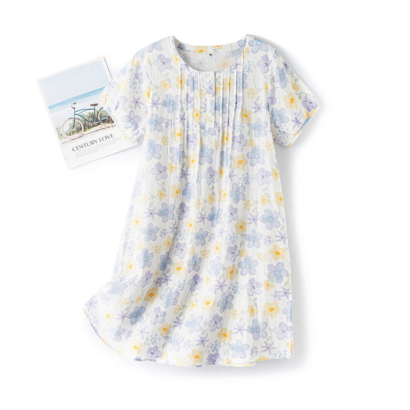 Women's Outdoor Nightdress For Spring And Summer Cotton Print Short Sleeve