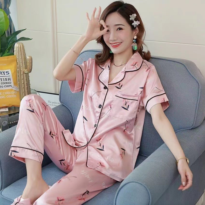 Imitated Silk Pajamas Printed Short-sleeved Trousers Home Wear Two-piece Suit