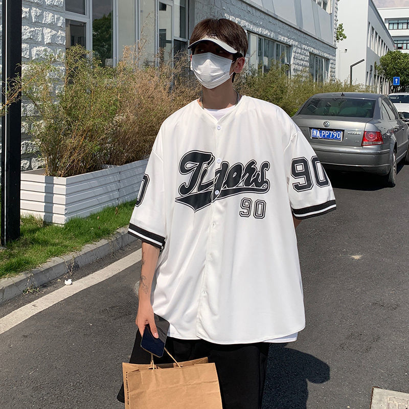 All-match Fashion Hip Hop Cardigan Baseball Uniform Short Sleeve Shirt Men