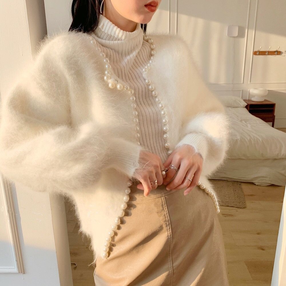 Korean Style Solid Color Fashion Loose Pearl Edge Mink-like Wool Cardigan Sweater