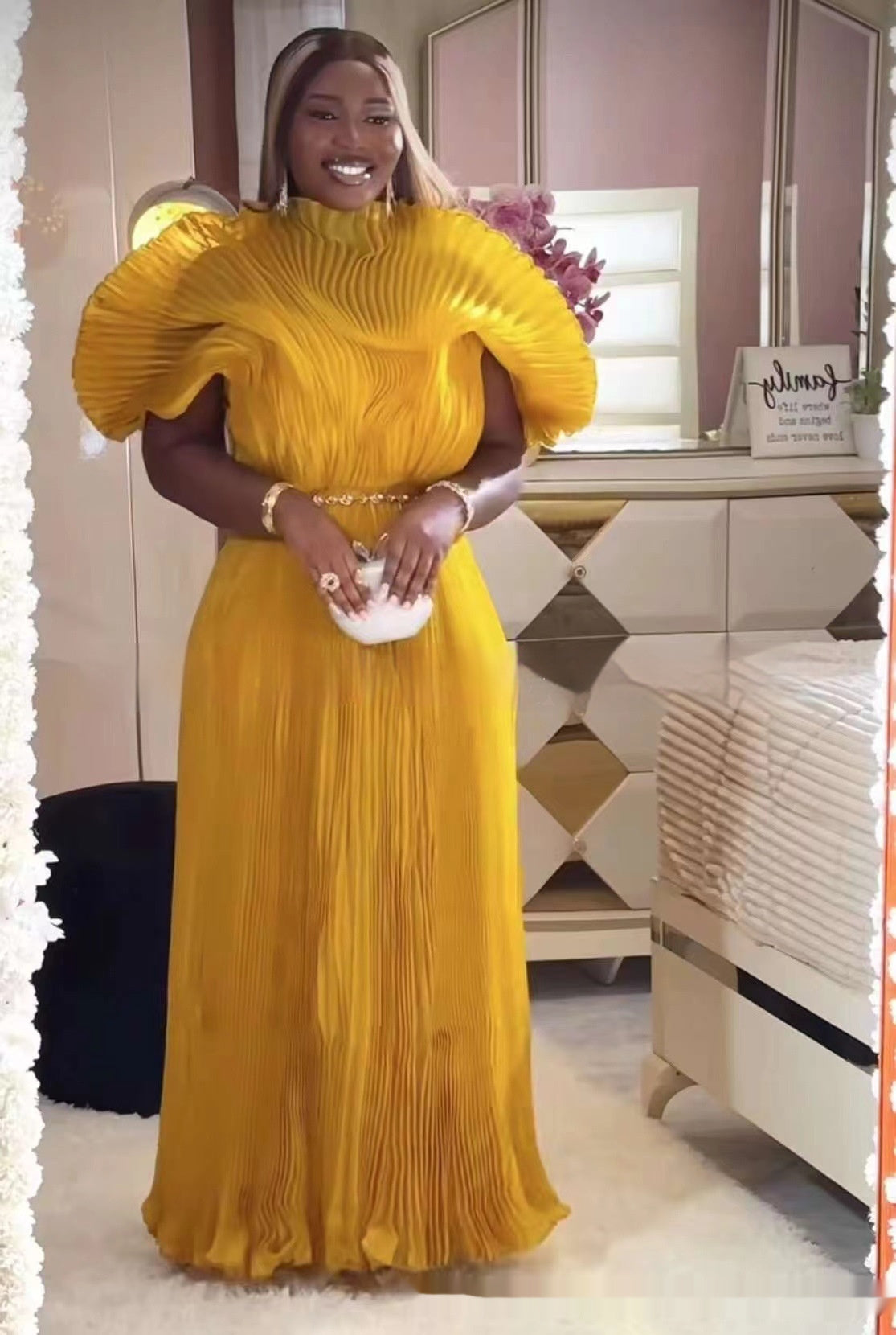 Solid Color Heavy Handmade Puff Sleeve Round Neck Belt Pleated Dress Women