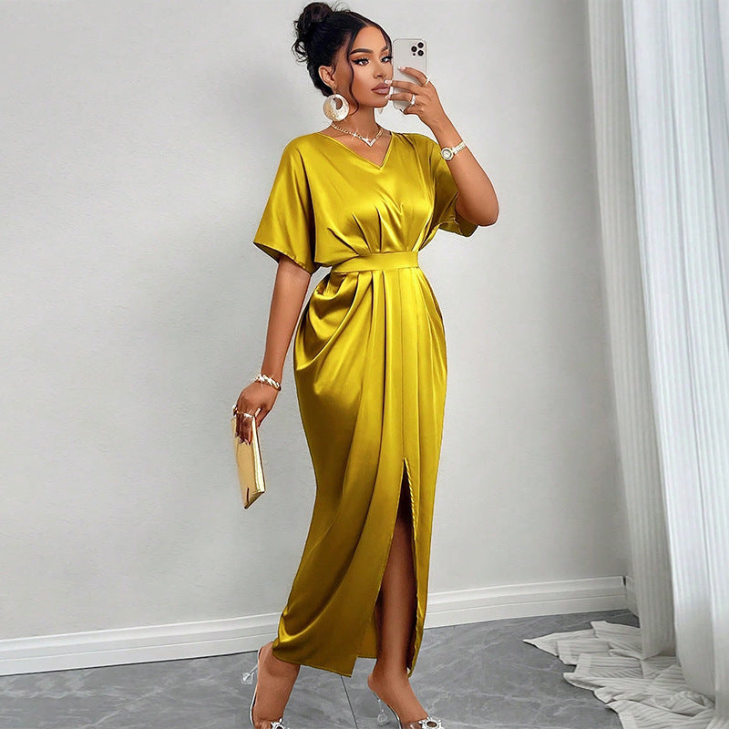V-neck Short Sleeve High Waist One-step Slit Dress