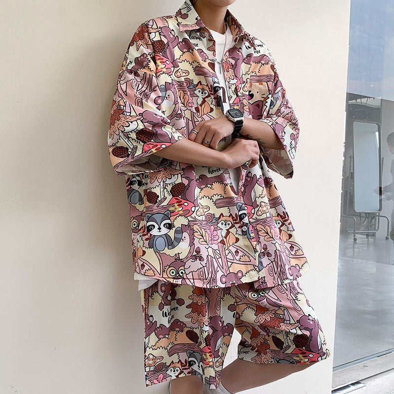 Fashion Ice Silk Short Sleeve Flower Shirt Suit For Men