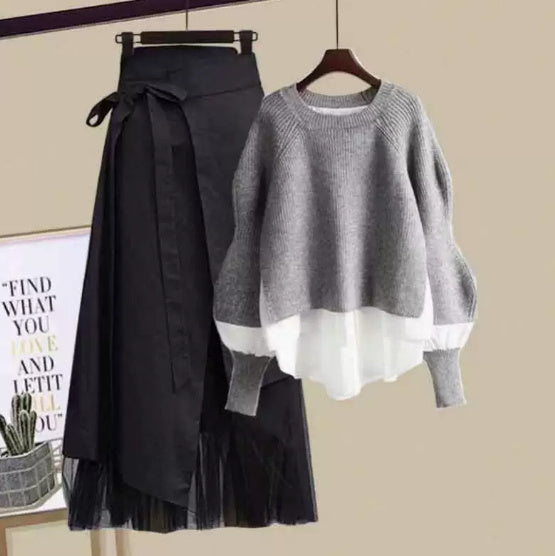 Women's Fashion Wear Loose Western Style Lazy Style Sweatshirt Slimming Skirt Two-piece Set