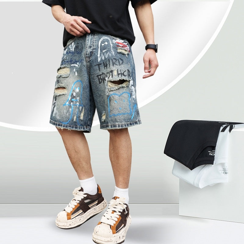 All-match Ripped Men's Jeans Shorts Trend Graffiti