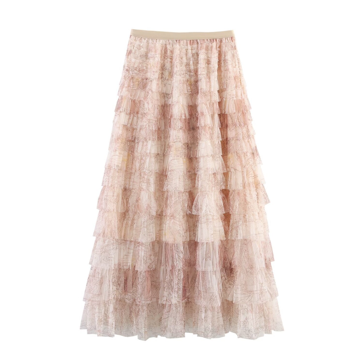 Mesh Gradient Printing Multi-layer Tiered Dress Skirt