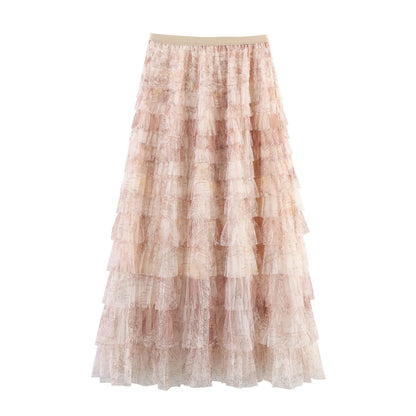 Mesh Gradient Printing Multi-layer Tiered Dress Skirt