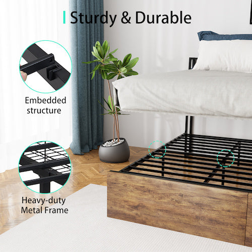 Full Bed Frame With Storage, Ergonomic Headboard, Bed Frame With 2 Storage Drawers, Built In Charging Station & LED, Outlets & USB, Full Size, Noise Free, No Box Spring Needed, Rustic Brown