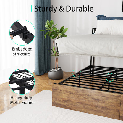 Full Bed Frame With Storage, Ergonomic Headboard, Bed Frame With 2 Storage Drawers, Built In Charging Station & LED, Outlets & USB, Full Size, Noise Free, No Box Spring Needed, Rustic Brown