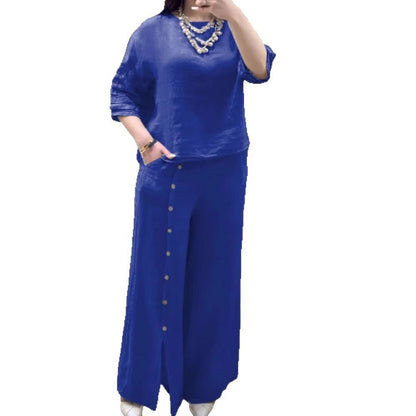 Women's Fashion Casual Loose Solid Color Cotton Linen Short Sleeve Shirt Two-piece Pants Long