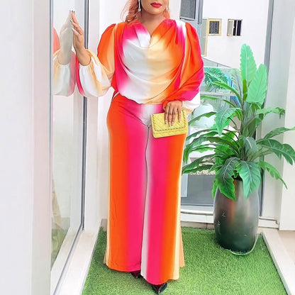 Lantern Sleeve Non-positioning Printed Swing Collar Wide Leg Pants Suit