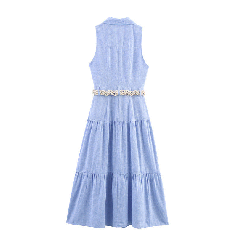 Summer With Belt Linen Blend Midi Skirt Sleeveless Dress