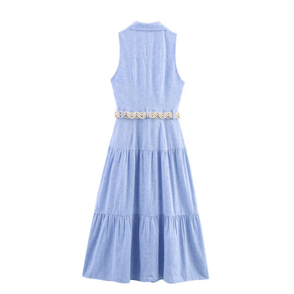 Summer With Belt Linen Blend Midi Skirt Sleeveless Dress