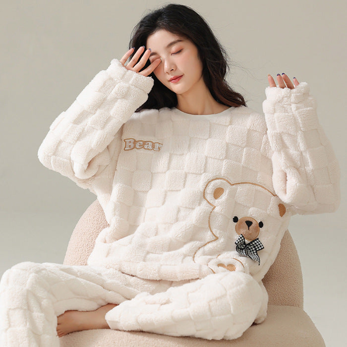 Cartoon Coral Fleece Pajamas Women's Pullover Long-sleeved Thickened Warm