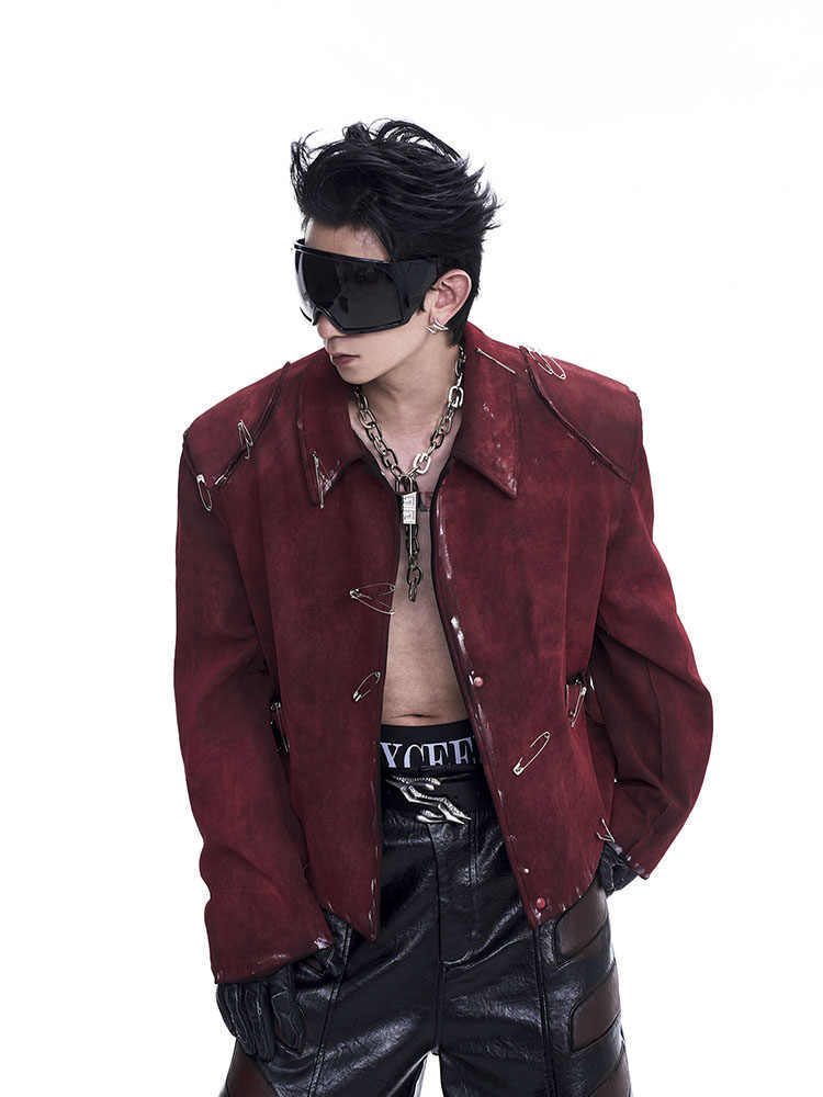 Men's Thick Quilted Flocking Decorative Pin Jacket Coat