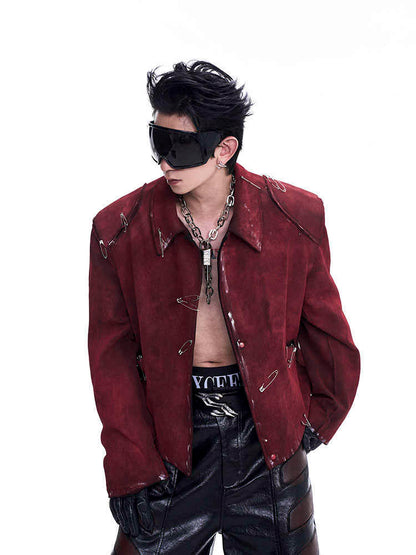 Men's Thick Quilted Flocking Decorative Pin Jacket Coat