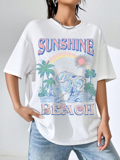 Letter And Tropical Printing Off-the-shoulder Women's Short Sleeve