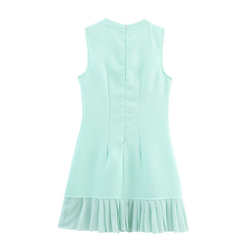 French Fashion Square Collar Sleeveless Pleated Dress