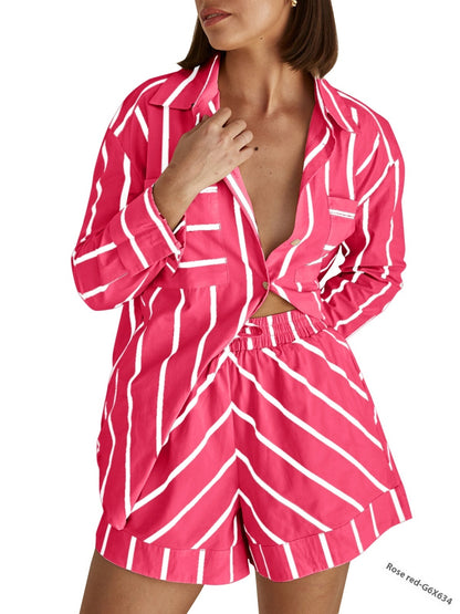 Summer Loose Striped Cardigan Shorts Suit
