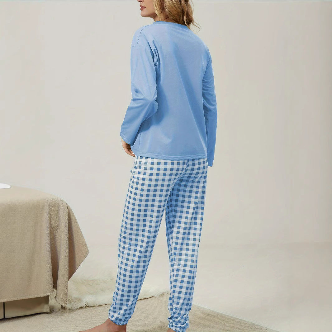 Plaid Printed Pocket Round Neck Long Pajamas Suit