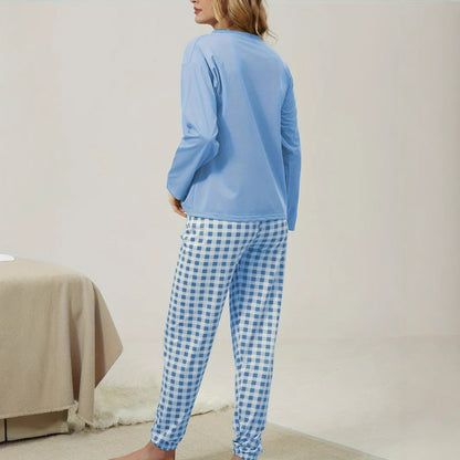 Plaid Printed Pocket Round Neck Long Pajamas Suit