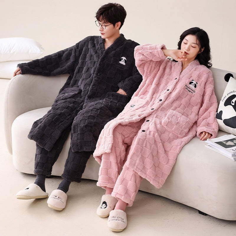 Women's Nightgown Autumn And Winter Long Flannel Thickened Couple Plus Size Loose Bathrobe Coral Fleece