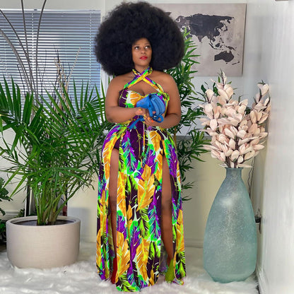 Ladies Fashion Print Halter Slit Dress